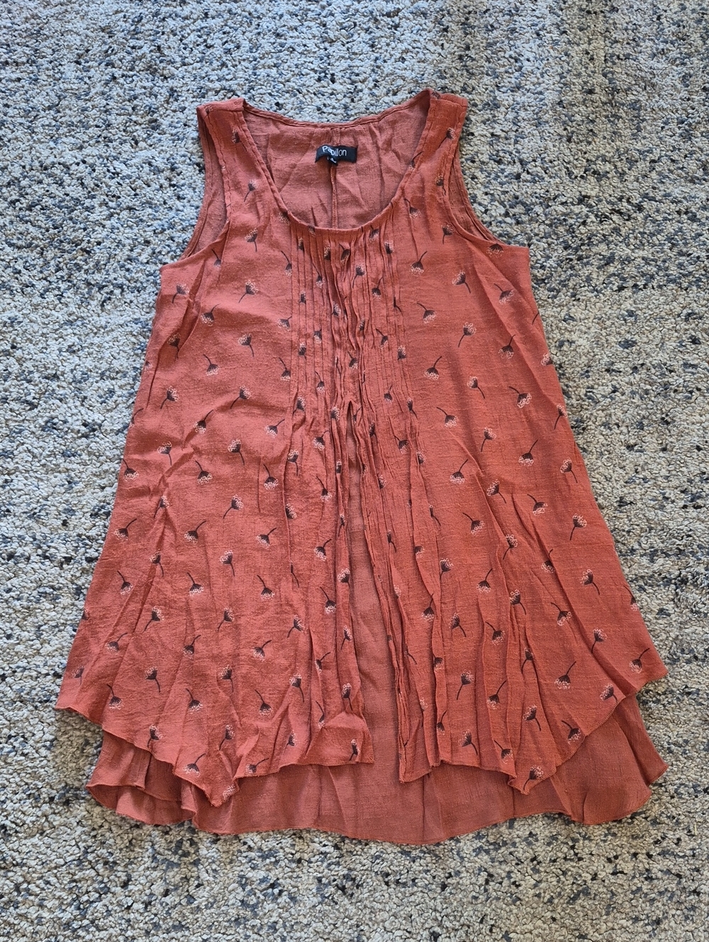 Paleon Burnt Orange Sleeveless Pintuck Floral Tunic
